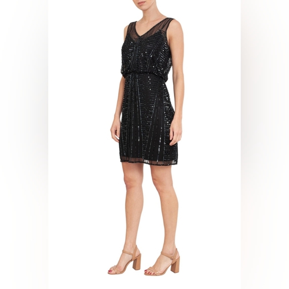 ADRIANNA PAPELL SLEEVELESS MIXED BEAD AND SEQUIN PATTERN MESH BLOUSON DRESS - Picture 2 of 6